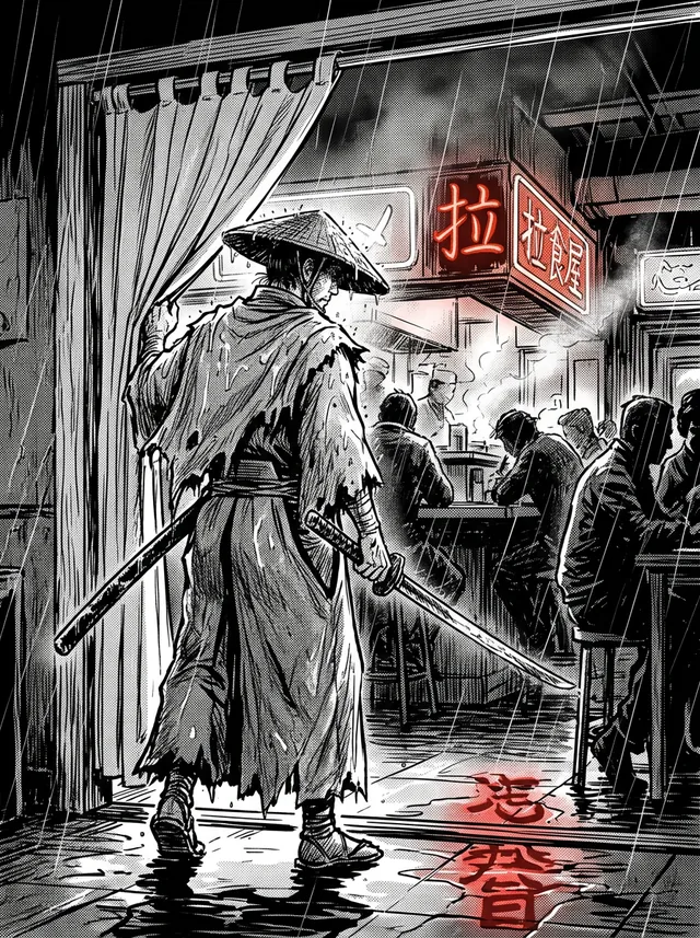 A ronin steps into a neon-lit noodle bar in the rain