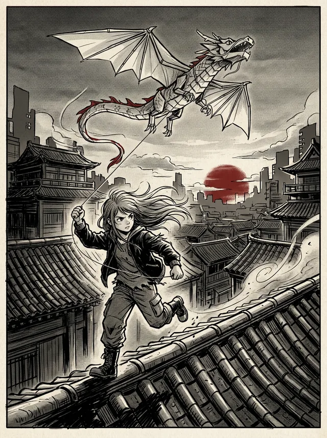 A girl races a paper dragon kite across rooftops at sunset
