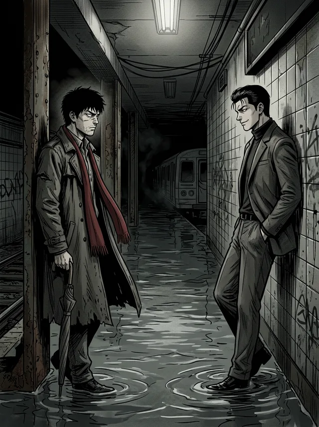 Two rival detectives face off on a flooded subway platform