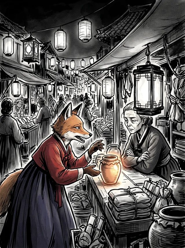 A fox in a hanbok haggles at a lantern-lit night market