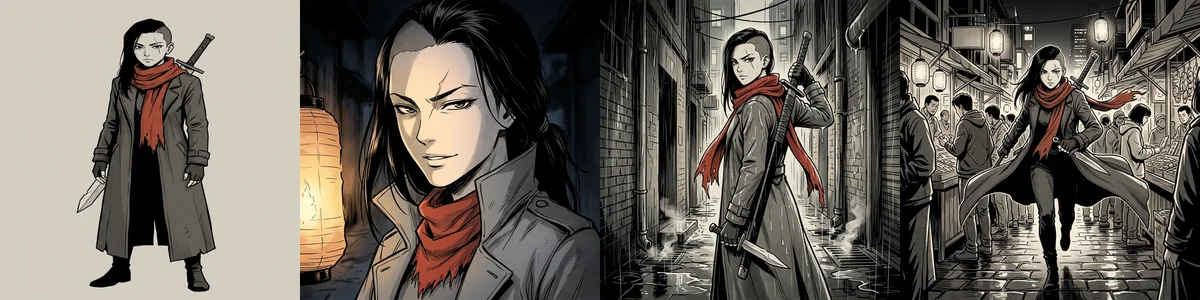 A character reference sheet and three panels drawn from it, all matching