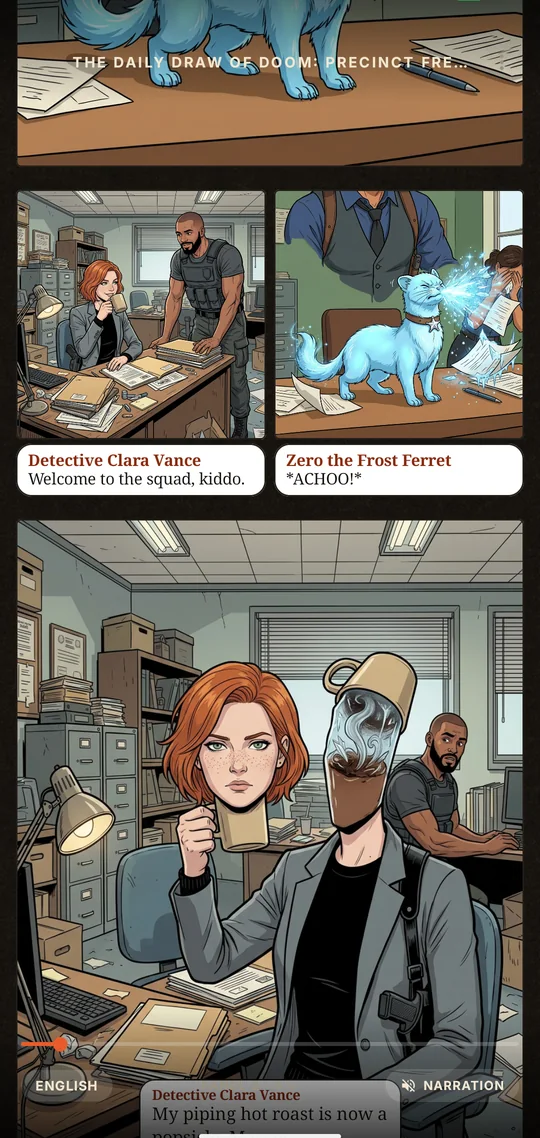 The vertical webtoon reader, panels stacked with dialogue laid over the art